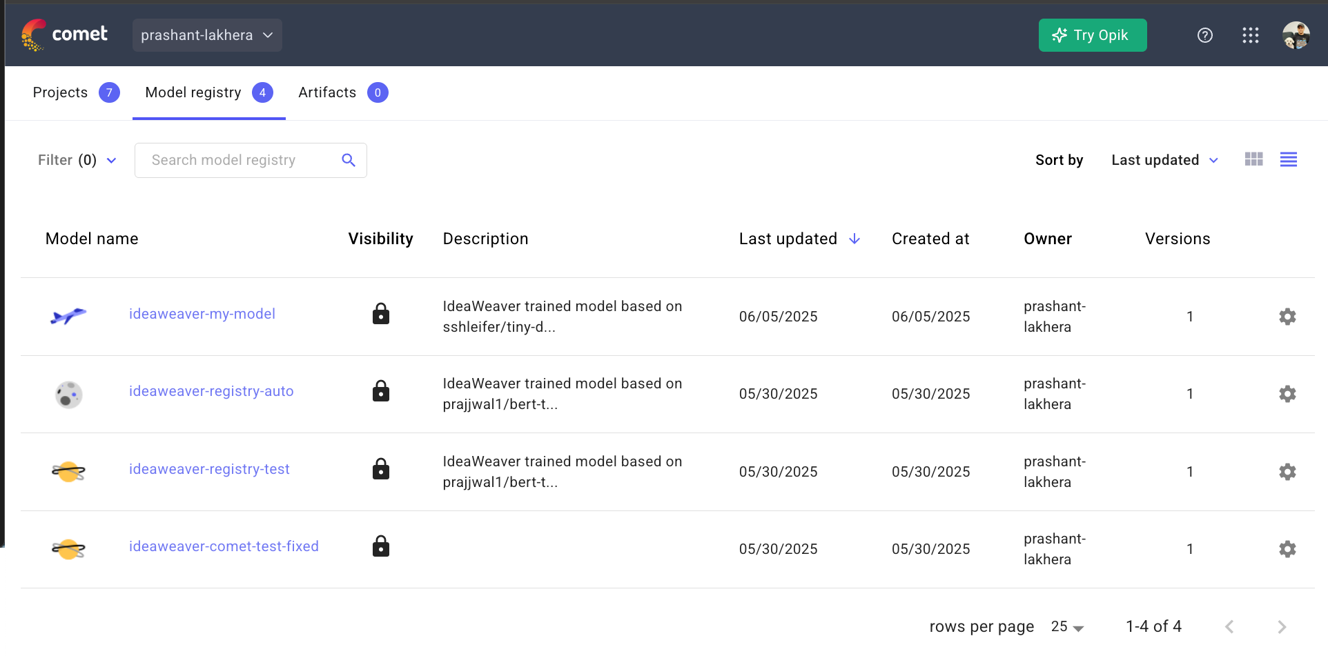 Comet Model Registry Screenshot